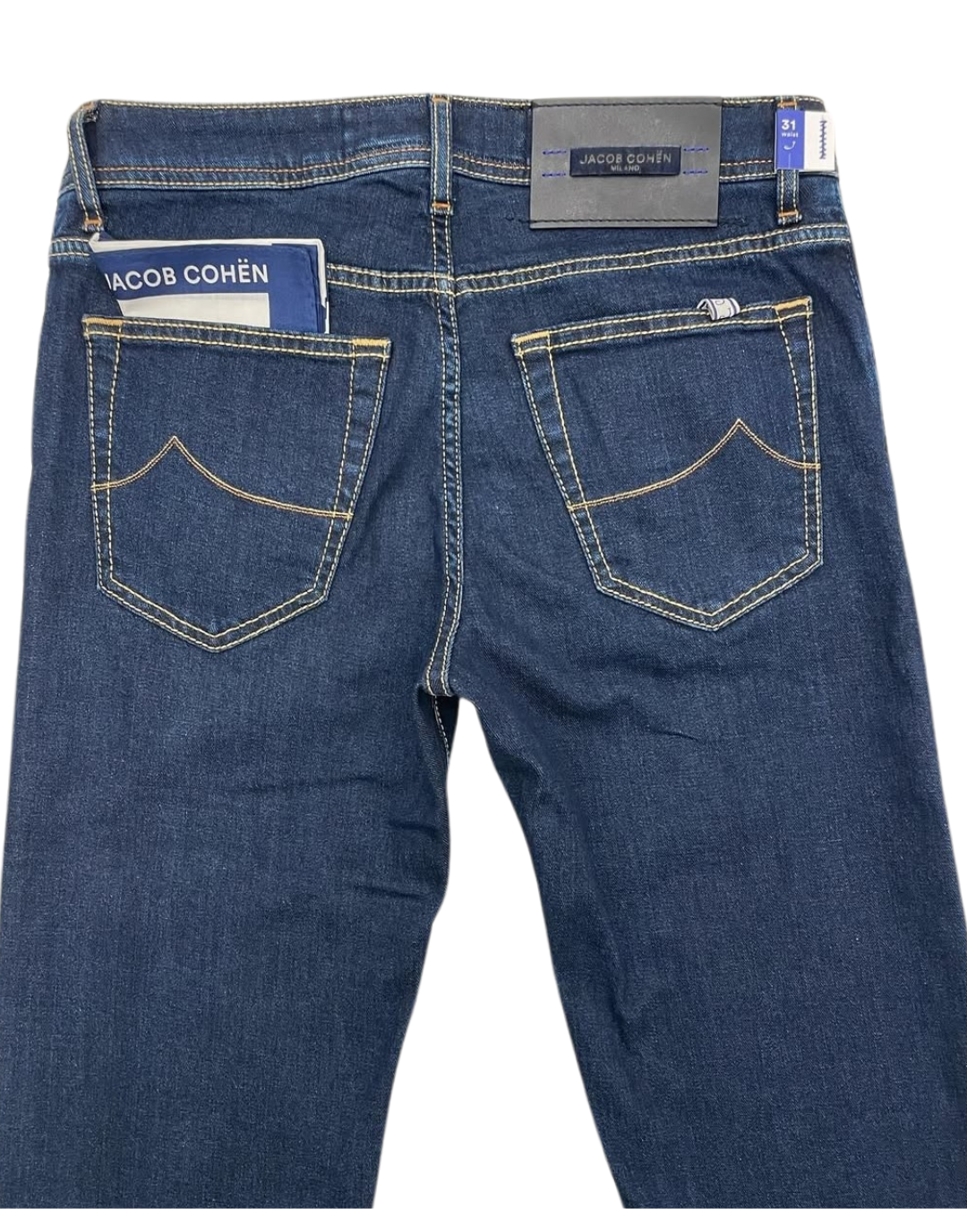 Jacob Cohen Navy Bard Jeans, Regular Slim, Black Leather Back